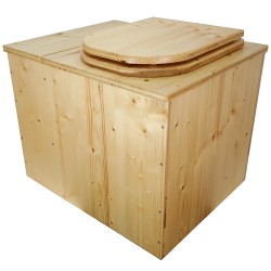 Toilette sèche rehaussée huilée avec bac à copeaux de bois, bavette inox, seau plastique 22L, abattant bois huilé forme D
