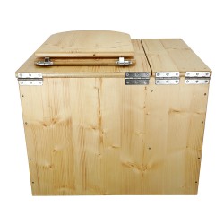 Toilette sèche rehaussée huilée avec bac à copeaux de bois, bavette inox, seau plastique 22L, abattant bois huilé forme D
