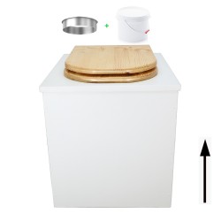 Toilette sèche en bois blanc avec seau plastique 22L, bavette inox, abattant bois huilé forme de D. Modèle rehaussé PMR