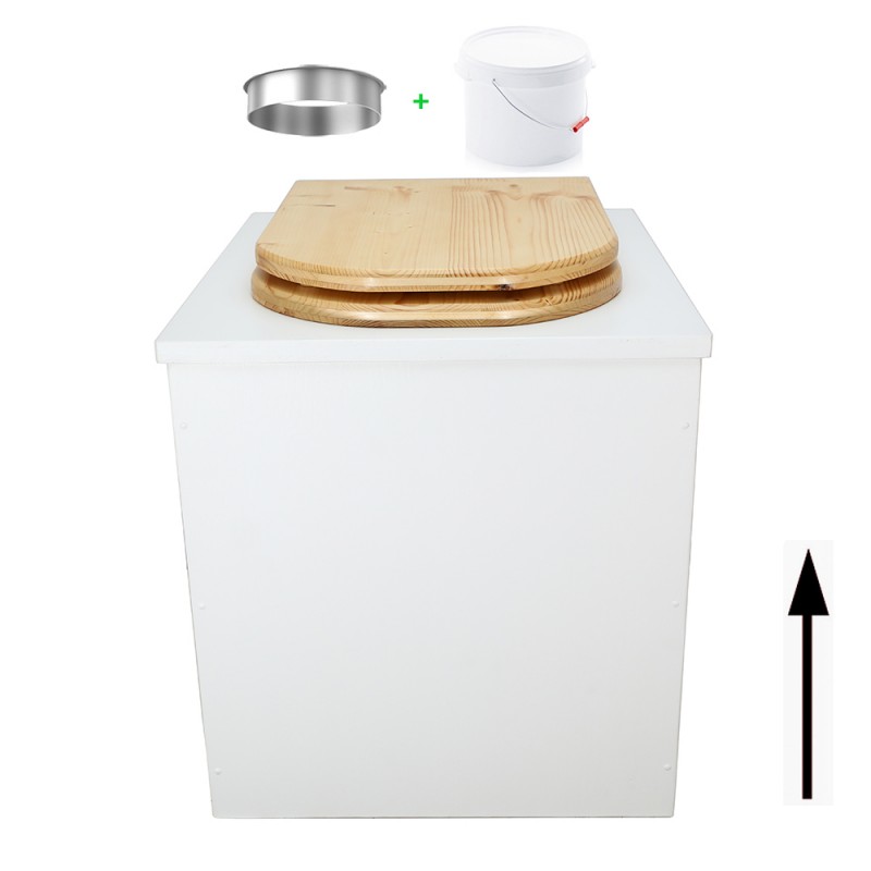 Toilette sèche en bois blanc avec seau plastique 22L, bavette inox, abattant bois huilé forme de D. Modèle rehaussé PMR