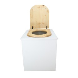 Toilette sèche en bois blanc avec seau plastique 22L, bavette inox, abattant bois huilé forme de D. Modèle rehaussé PMR