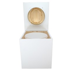 Toilette sèche en bois blanc avec seau plastique 22L, bavette inox, abattant bois huilé forme de D. Modèle rehaussé PMR