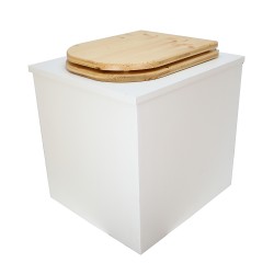 Toilette sèche en bois blanc avec seau plastique 22L, bavette inox, abattant bois huilé forme de D. Modèle rehaussé PMR