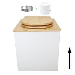 Toilette sèche rehaussée en bois blanc/huilé avec seau plastique 22L, bavette inox, abattant bois forme D huilé.