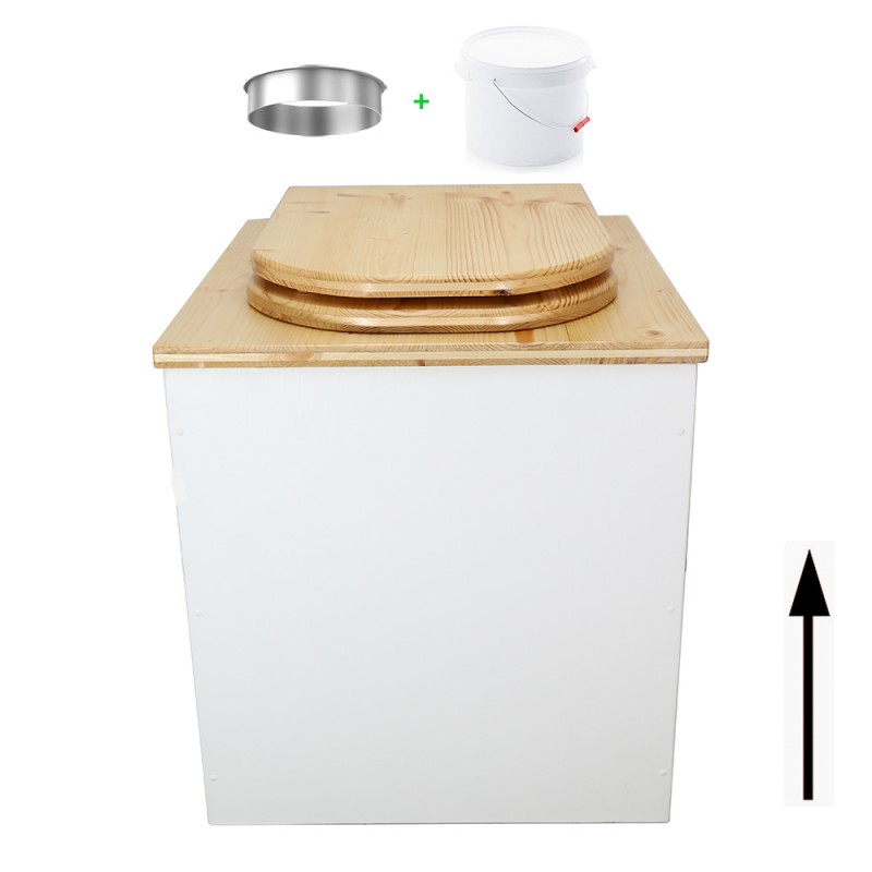 Toilette sèche rehaussée en bois blanc/huilé avec seau plastique 22L, bavette inox, abattant bois forme D huilé.