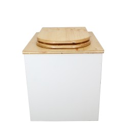 Toilette sèche rehaussée en bois blanc/huilé avec seau plastique 22L, bavette inox, abattant bois forme D huilé.