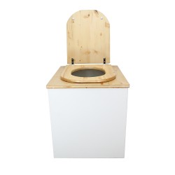 Toilette sèche rehaussée en bois blanc/huilé avec seau plastique 22L, bavette inox, abattant bois forme D huilé.