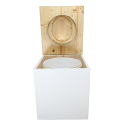 Toilette sèche rehaussée en bois blanc/huilé avec seau plastique 22L, bavette inox, abattant bois forme D huilé.