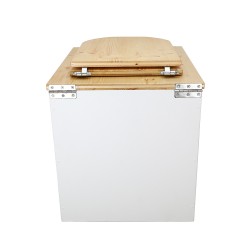 Toilette sèche rehaussée en bois blanc/huilé avec seau plastique 22L, bavette inox, abattant bois forme D huilé.