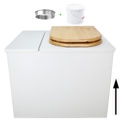 Toilette sèche rehaussée en bois blanc avec bac intégré. Livré avec bavette inox et seau 22 litres. abattant huilé en forme de D