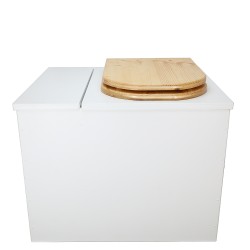 Toilette sèche rehaussée en bois blanc avec bac intégré. Livré avec bavette inox et seau 22 litres. abattant huilé en forme de D