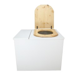 Toilette sèche rehaussée en bois blanc avec bac intégré. Livré avec bavette inox et seau 22 litres. abattant huilé en forme de D