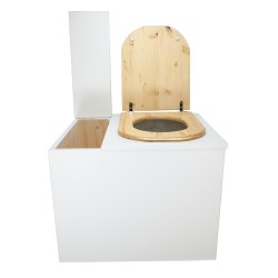 Toilette sèche rehaussée en bois blanc avec bac intégré. Livré avec bavette inox et seau 22 litres. abattant huilé en forme de D
