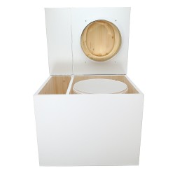 Toilette sèche rehaussée en bois blanc avec bac intégré. Livré avec bavette inox et seau 22 litres. abattant huilé en forme de D