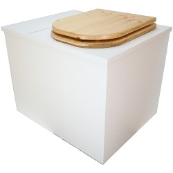 Toilette sèche rehaussée en bois blanc avec bac intégré. Livré avec bavette inox et seau 22 litres. abattant huilé en forme de D