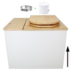 Toilette sèche rehaussée en bois blanc/huilé avec bac intégré. Livré avec bavette inox et seau 22L. abattant huilé en forme de D