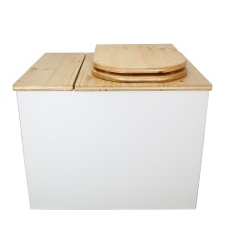 Toilette sèche rehaussée en bois blanc/huilé avec bac intégré. Livré avec bavette inox et seau 22L. abattant huilé en forme de D