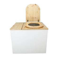 Toilette sèche rehaussée en bois blanc/huilé avec bac intégré. Livré avec bavette inox et seau 22L. abattant huilé en forme de D