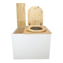 Toilette sèche rehaussée en bois blanc/huilé avec bac intégré. Livré avec bavette inox et seau 22L. abattant huilé en forme de D