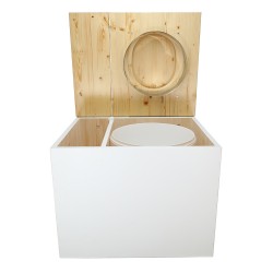 Toilette sèche rehaussée en bois blanc/huilé avec bac intégré. Livré avec bavette inox et seau 22L. abattant huilé en forme de D