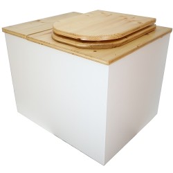 Toilette sèche rehaussée en bois blanc/huilé avec bac intégré. Livré avec bavette inox et seau 22L. abattant huilé en forme de D