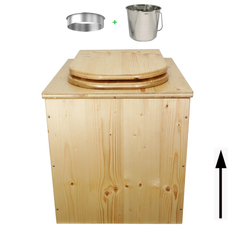 Toilette sèche rehaussée en bois huilée complète avec seau inox et bavette inox, abattant bois huilé forme D