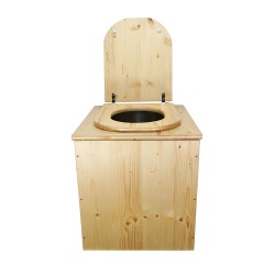 Toilette sèche rehaussée en bois huilée complète avec seau inox et bavette inox, abattant bois huilé forme D