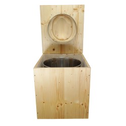 Toilette sèche rehaussée en bois huilée complète avec seau inox et bavette inox, abattant bois huilé forme D