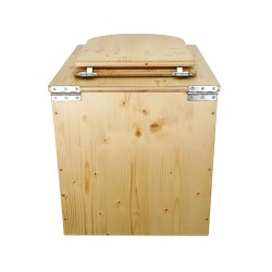 Toilette sèche rehaussée en bois huilée complète avec seau inox et bavette inox, abattant bois huilé forme D
