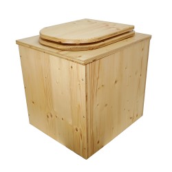 Toilette sèche rehaussée en bois huilée complète avec seau inox et bavette inox, abattant bois huilé forme D