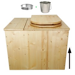 Toilette sèche rehaussée en bois huilé avec bac, avec seau et bavette inox - abattant forme D huilé