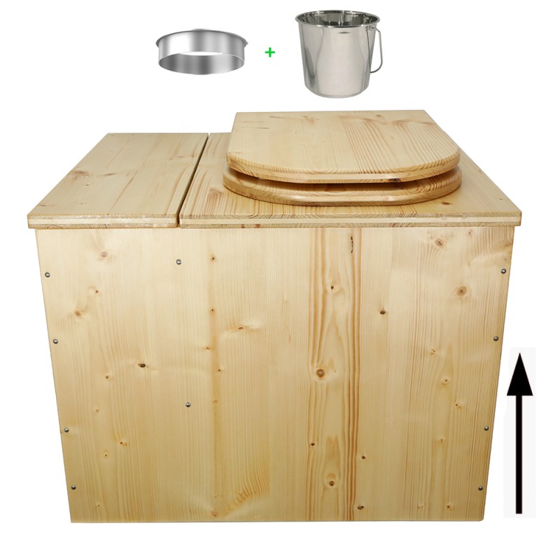 Toilette sèche rehaussée en bois huilé avec bac, avec seau et bavette inox - abattant forme D huilé