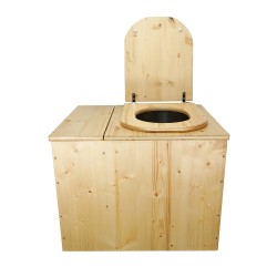 Toilette sèche rehaussée en bois huilé avec bac, avec seau et bavette inox - abattant forme D huilé