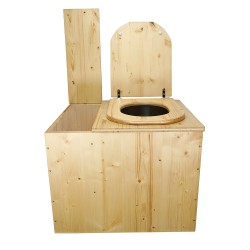 Toilette sèche rehaussée en bois huilé avec bac, avec seau et bavette inox - abattant forme D huilé