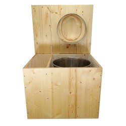 Toilette sèche rehaussée en bois huilé avec bac, avec seau et bavette inox - abattant forme D huilé