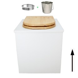 Toilette sèche rehaussée en bois blanc complète avec seau inox 22 litres et bavette inox - abattant bois huilé en forme de D