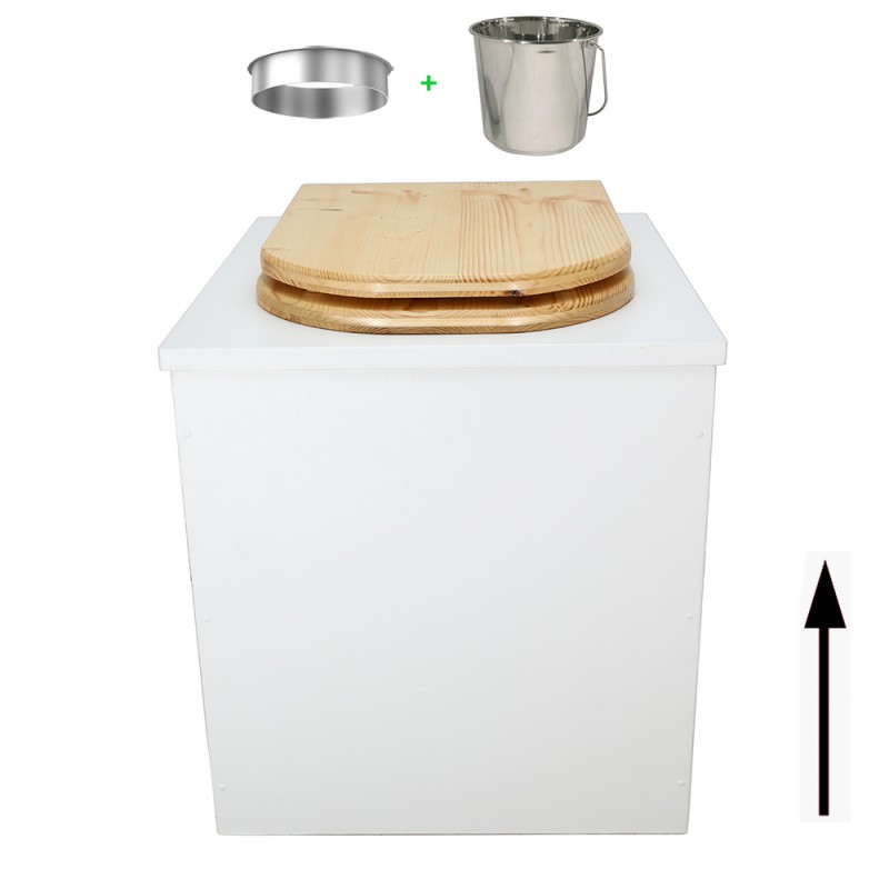 Toilette sèche rehaussée en bois blanc complète avec seau inox 22 litres et bavette inox - abattant bois huilé en forme de D