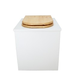 Toilette sèche rehaussée en bois blanc complète avec seau inox 22 litres et bavette inox - abattant bois huilé en forme de D