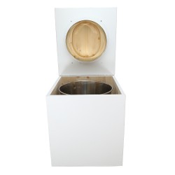 Toilette sèche rehaussée en bois blanc complète avec seau inox 22 litres et bavette inox - abattant bois huilé en forme de D