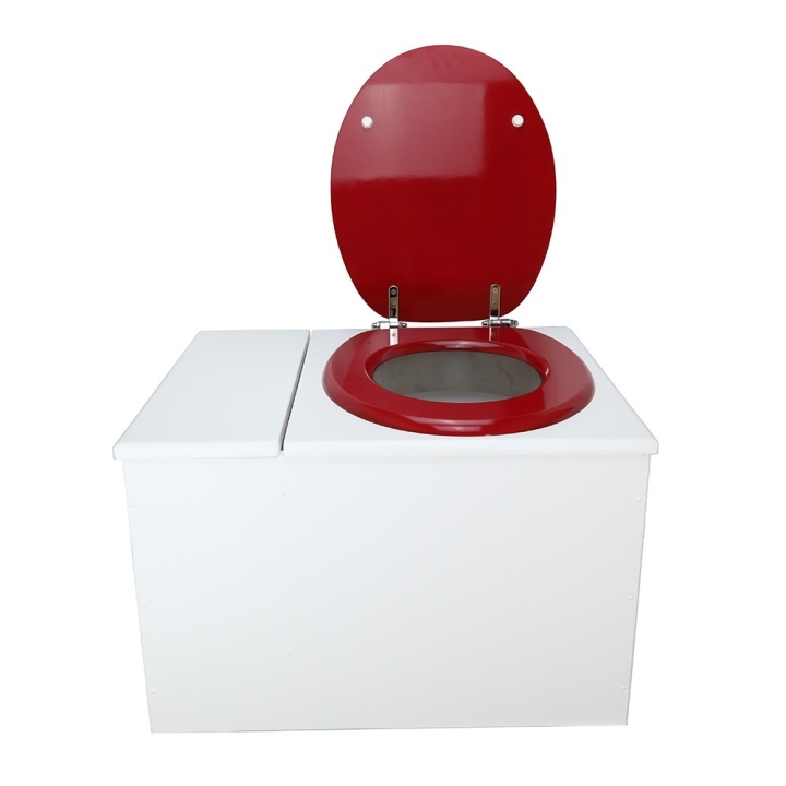  Toilette sèche avec bac à copeaux de bois. peinte en blanc. abattant rouge. Livrée avec bavette inox et seau 22 litres