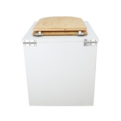 Toilette sèche rehaussée en bois blanc complète avec seau inox 22 litres et bavette inox - abattant bois huilé en forme de D