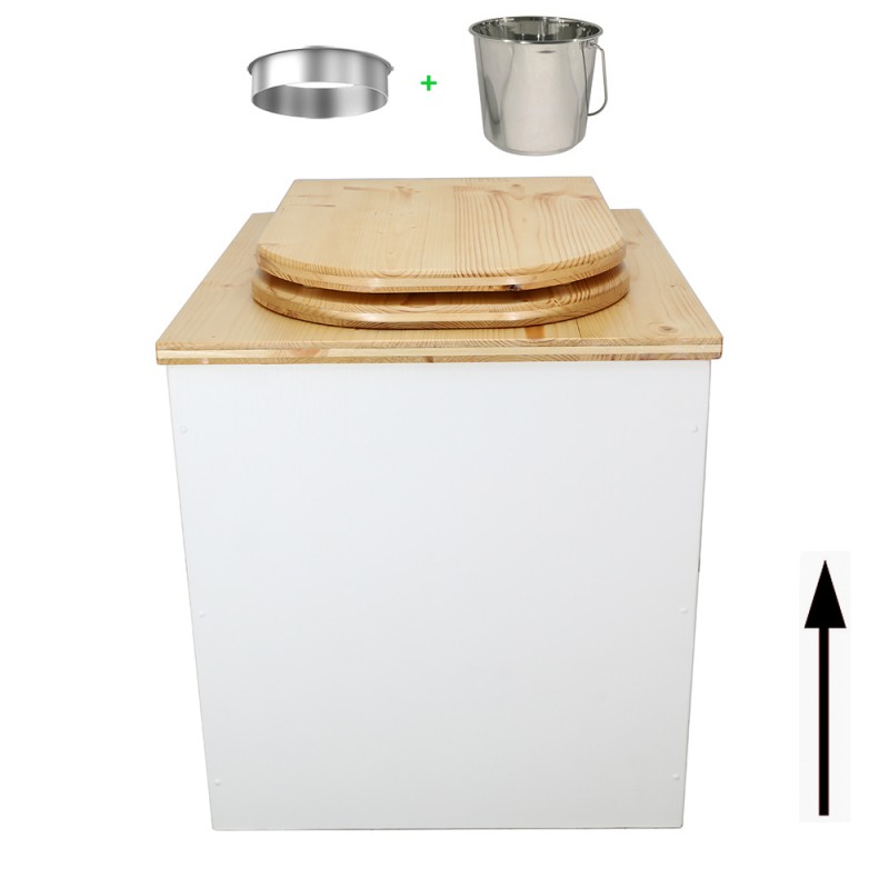 Toilette sèche rehaussée en bois blanc/huilé complète avec seau inox et bavette inox - abattant bois huilé forme de D