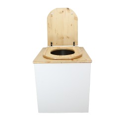 Toilette sèche rehaussée en bois blanc/huilé complète avec seau inox et bavette inox - abattant bois huilé forme de D