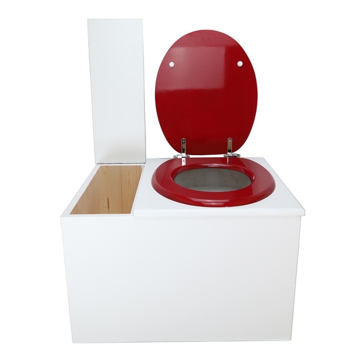  Toilette sèche avec bac à copeaux de bois. peinte en blanc. abattant rouge. Livrée avec bavette inox et seau 22 litres