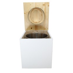 Toilette sèche rehaussée en bois blanc/huilé complète avec seau inox et bavette inox - abattant bois huilé forme de D