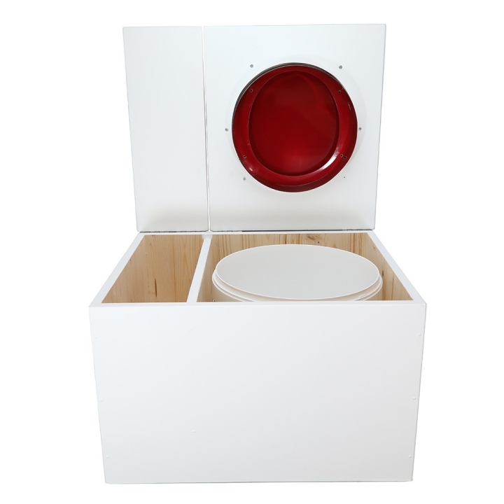  Toilette sèche avec bac à copeaux de bois. peinte en blanc. abattant rouge. Livrée avec bavette inox et seau 22 litres