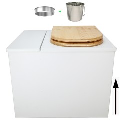 Toilette sèche rehaussée en bois blanc avec bac intégré, abattant bois huilé forme D, seau inox et bavette inox.