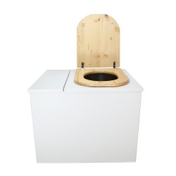 Toilette sèche rehaussée en bois blanc avec bac intégré, abattant bois huilé forme D, seau inox et bavette inox.
