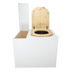 Toilette sèche rehaussée en bois blanc avec bac intégré, abattant bois huilé forme D, seau inox et bavette inox.