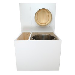 Toilette sèche rehaussée en bois blanc avec bac intégré, abattant bois huilé forme D, seau inox et bavette inox.
